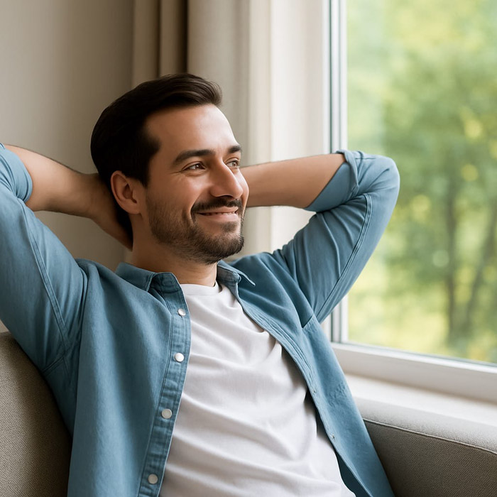 Entspannter Mensch in heller Umgebung, der sich über seinen Ratenkredit freut.