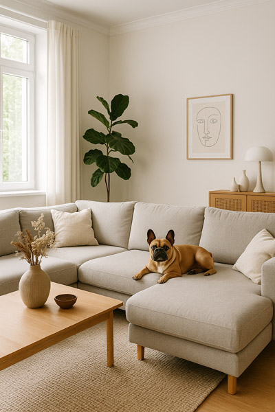 Heller Raum mit Mops auf Sofa.